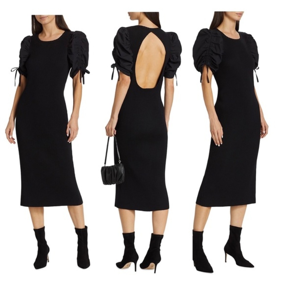 En Saison Maxime Drawstring Puff-Sleeve Rib-Knit Midi Dress Medium M C6